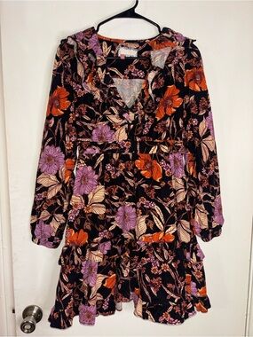 Pilcro Black Floral Tiered Long Sleeve Dress with Purple & Orange Flowers
